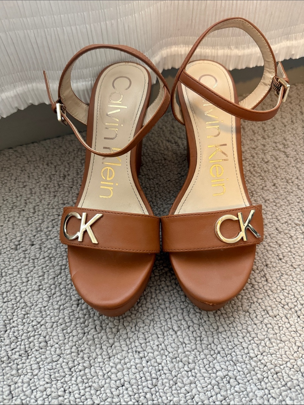 Calvin Klein Brown Leather Ankle-Strap Heeled Sandals with Gold CK Logo